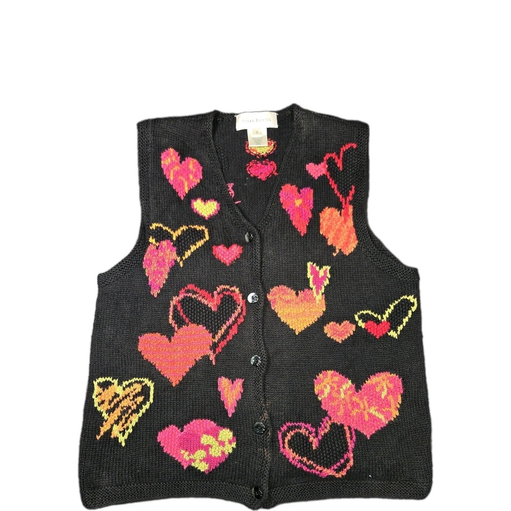 Vintag Susan Bristol Sweater Vest Hearts Small Valentines Day Red‎ Pink Black
